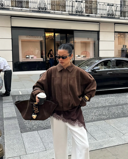 Elegant Kvinders Ruskindsjakke Oversized Varm