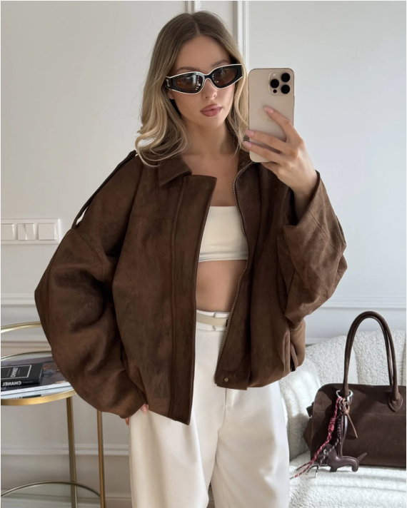 Elegant Kvinders Ruskindsjakke Oversized Varm