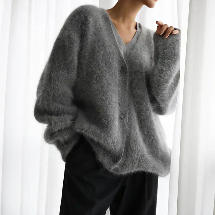 Oversized Blød Dame Fluffy Cardigan med Knapper