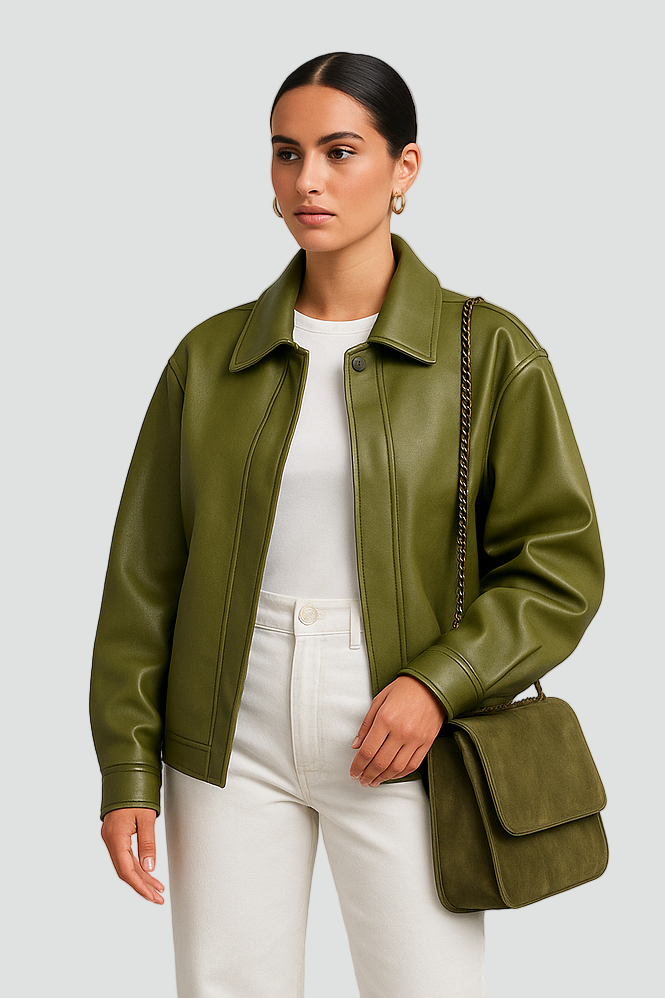 Stilfuld Grøn Dame Læderjakke med Oversized Pasform og Krave