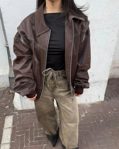 Oversized Bomberjakke i Kunstlæder med Kontrastsyninger