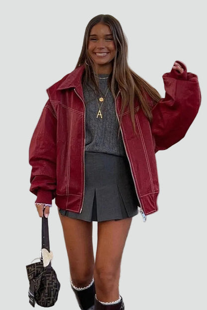 Oversized dame denimjakke i rød med lynlås til hverdag