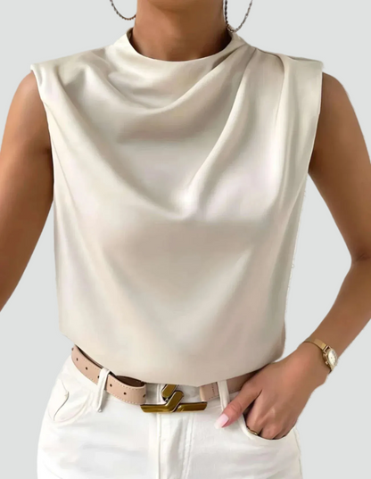 Dame elegant satin look top uden ærmer med draperet hals
