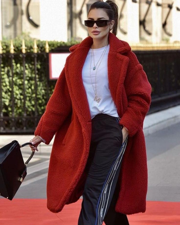 Blød Oversized Dame Vinterfrakke med Lang Teddy-pasform