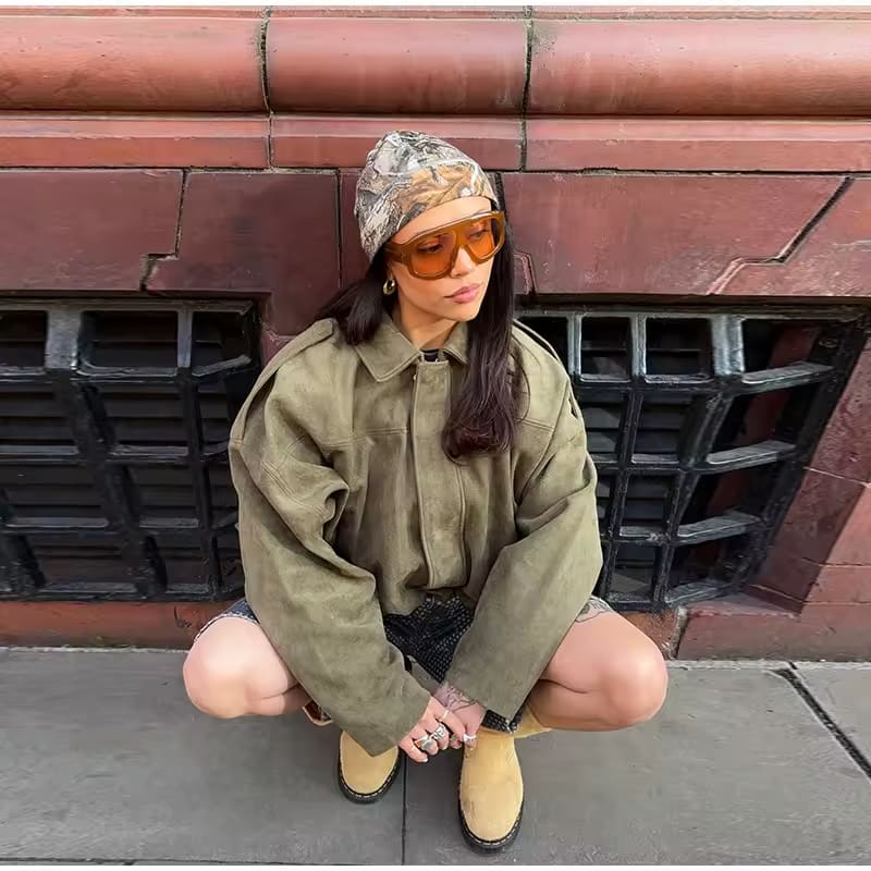 Elegant Kvinders Ruskindsjakke Oversized Varm