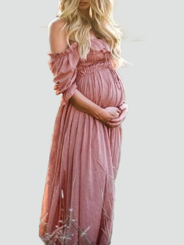 Dame maxi dress graviditetskjole med off shoulder og løs pasform