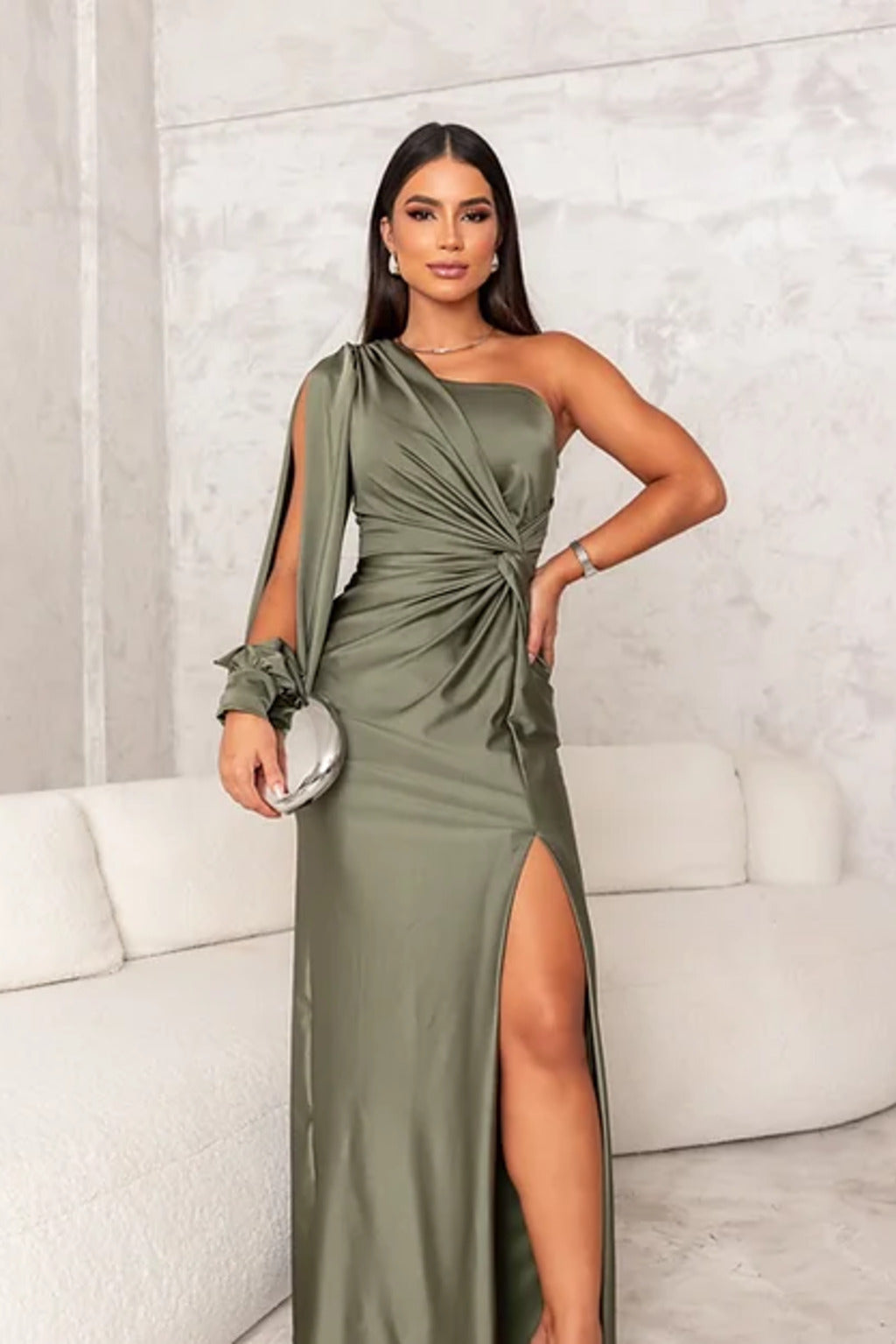 Dame Flot Elegant Gala Maxi Kjole Med One Shoulder Drapering Og Høj Slids
