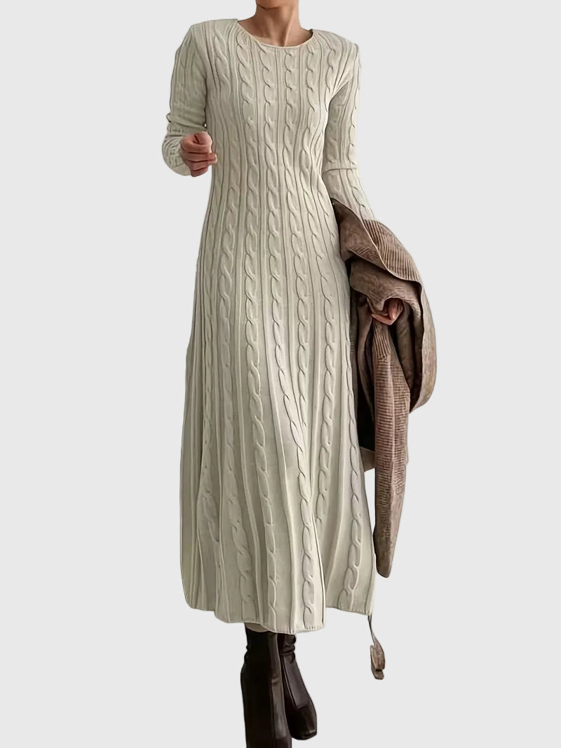 Dame sweater dress maxi strikkjole med kabelmønster og lange ærmer