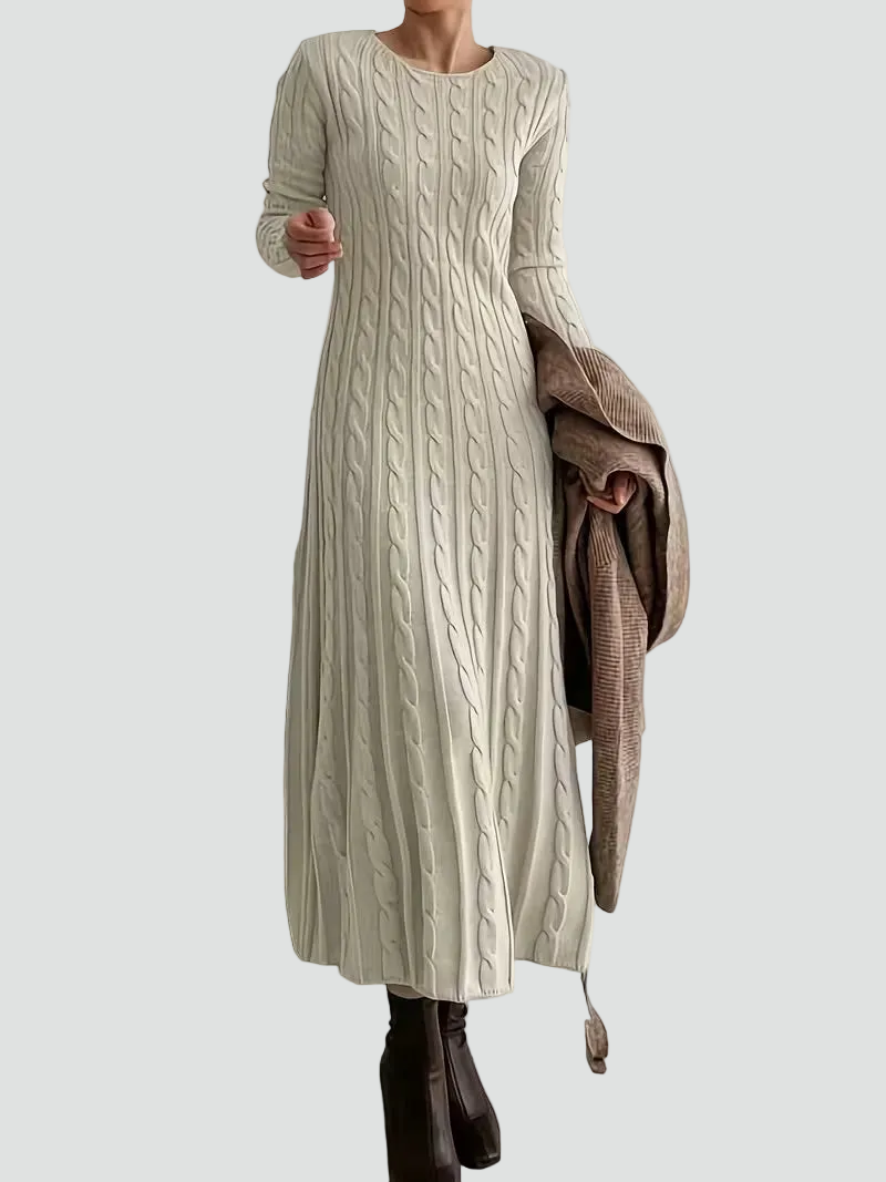 Dame sweater dress maxi strikkjole med kabelmønster og lange ærmer
