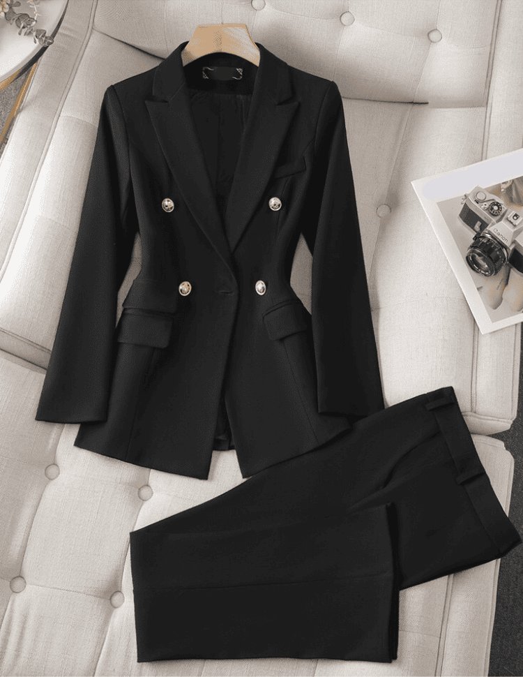 Elegant Dame Blazer Sæt med Dobbelt Knapper