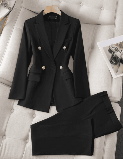 Elegant Dame Blazer Sæt med Dobbelt Knapper