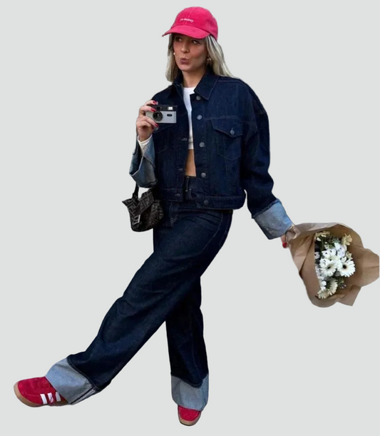 Denim Sæt til Damer med Jakke og Wide Leg Bukser i Bomuld