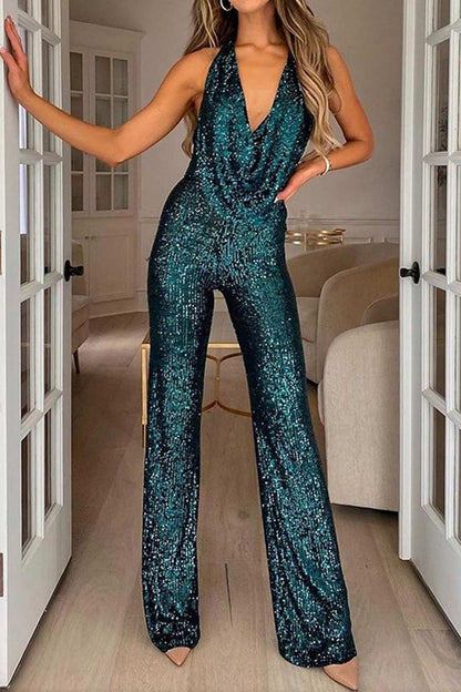 Festlig Dame Glitter Jumpsuit med Halterneck og Brede Ben