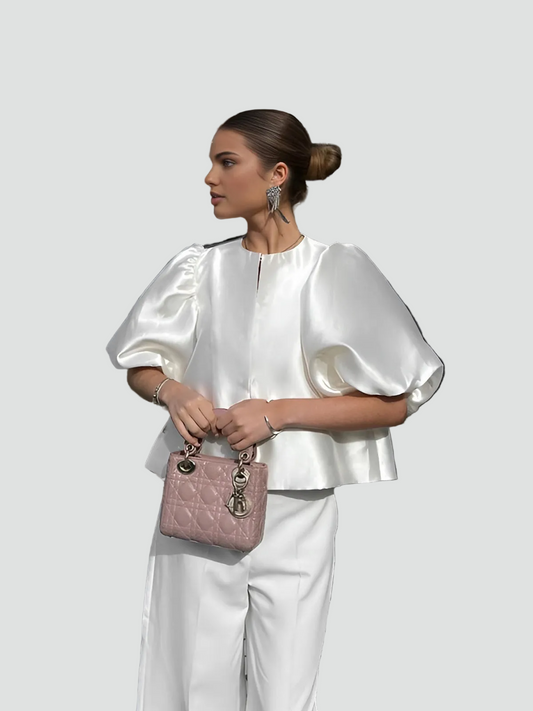 Dame elegant satin look top med pufærmer og løs pasform