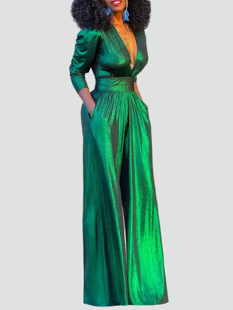 Dame fest jumpsuit med v hals og vide ben og taljebånd