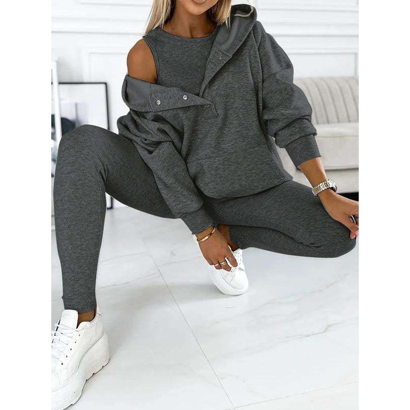 Oversize Dame 3-Dele Loungewear Sæt med Hættetrøje