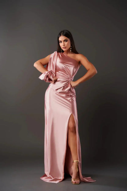 Dame Flot Elegant Gala Maxi Kjole Med One Shoulder Drapering Og Høj Slids