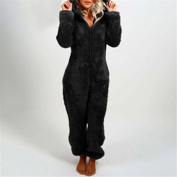 Varm Teddy Fleece Dame Onesie med Hætte