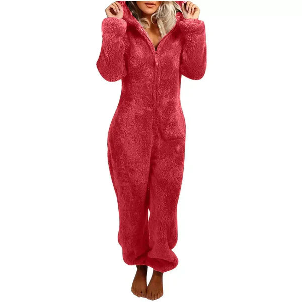 Varm Teddy Fleece Dame Onesie med Hætte