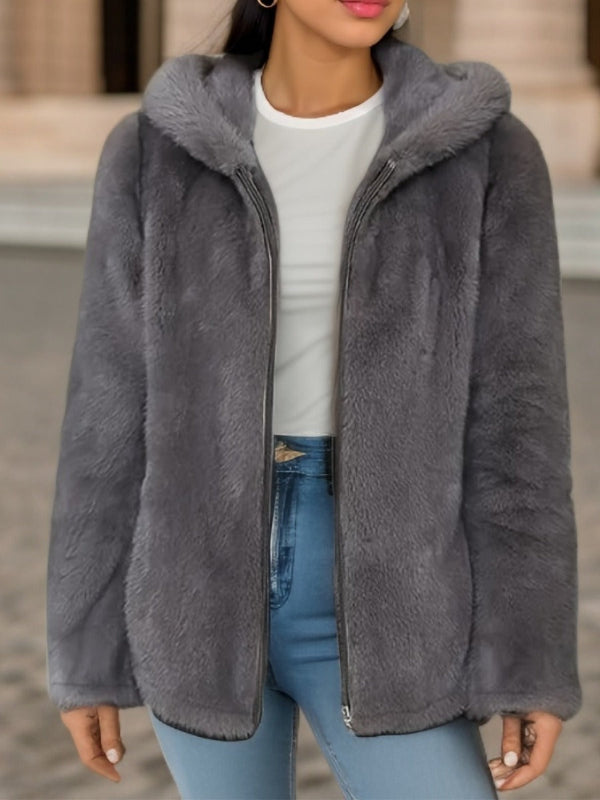 Varm Blød Dame Teddy Fleece Jakke med Hætte