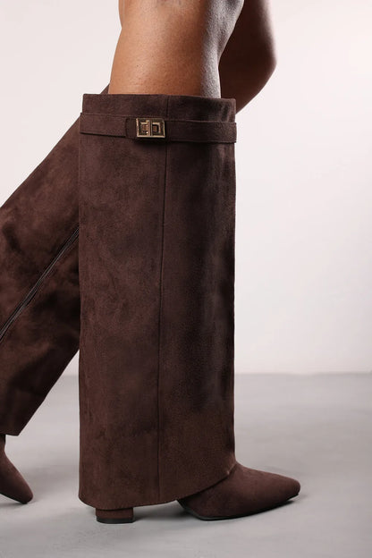 Dame Elegante Knæhøje Støvler med Spændedetalje og Spids Tå