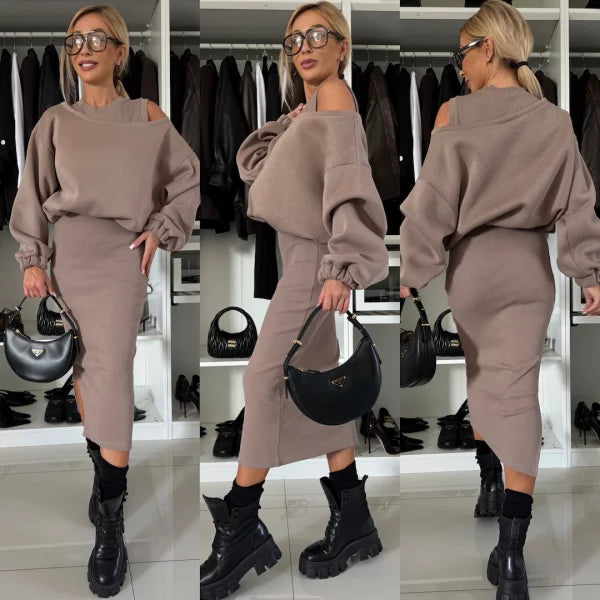 Elegant Strikket 2-delt Sæt med Oversized Trøje og Midi Nederdel med Slids til Kvinder