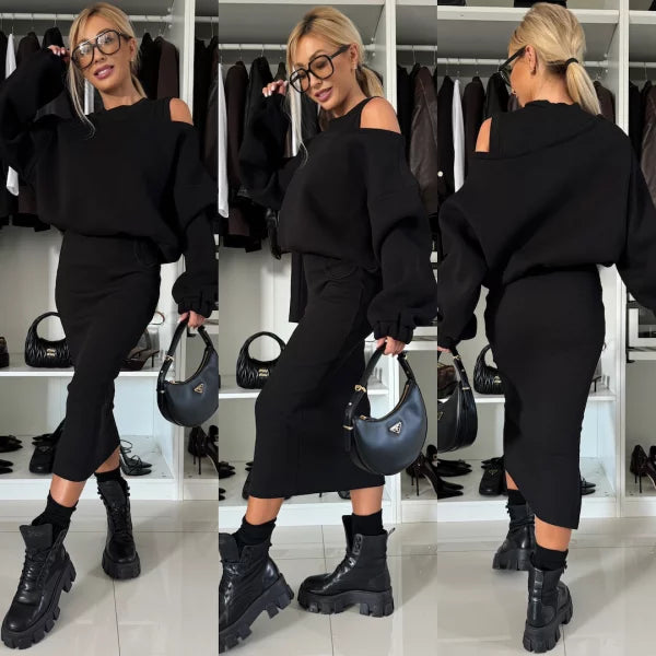 Elegant Strikket 2-delt Sæt med Oversized Trøje og Midi Nederdel med Slids til Kvinder