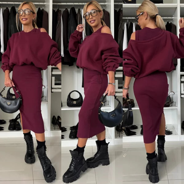 Elegant Strikket 2-delt Sæt med Oversized Trøje og Midi Nederdel med Slids til Kvinder