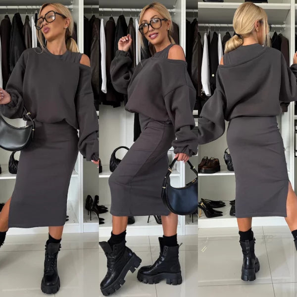 Elegant Strikket 2-delt Sæt med Oversized Trøje og Midi Nederdel med Slids til Kvinder