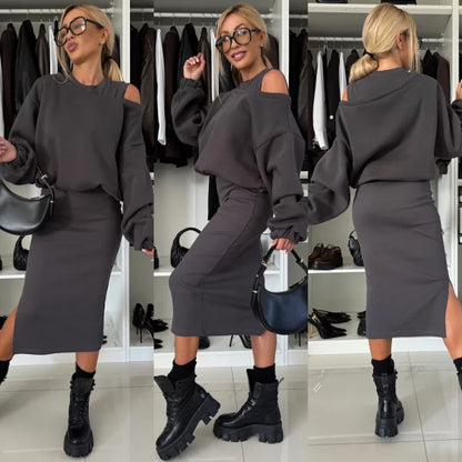 Elegant Strikket 2-delt Sæt med Oversized Trøje og Midi Nederdel med Slids til Kvinder