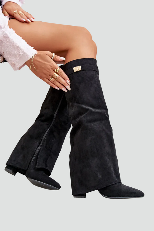 Elegante knæhøje støvler med spids tå, stabil hæl og lynlås