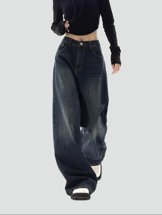 Trendy Dame Baggy Jeans i Mørkeblå 90’er Vintage Stil