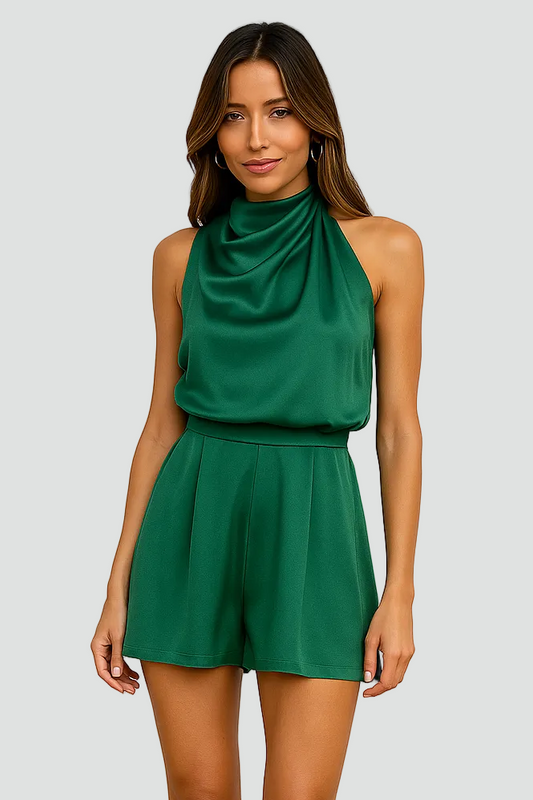 Halterneck Playsuit Med Draperet Hals Og Taljebånd Til Dame