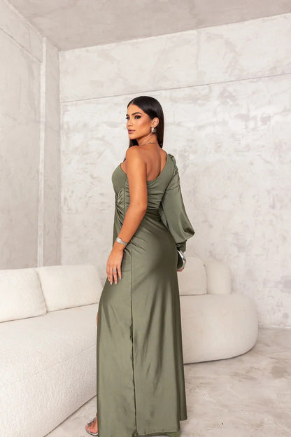 Dame Flot Elegant Gala Maxi Kjole Med One Shoulder Drapering Og Høj Slids