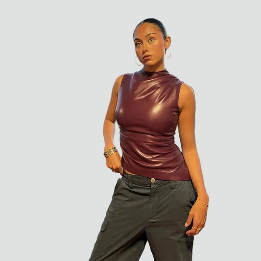 Dame elegant læderlook top uden ærmer med høj hals og drapering
