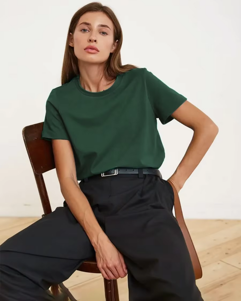 Klassisk Bomulds T shirt til Damer Kortærmet Top i Løst Snit