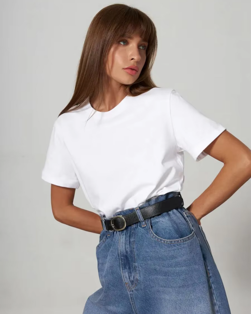 Klassisk Bomulds T shirt til Damer Kortærmet Top i Løst Snit